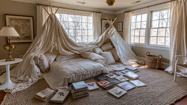 Indoor fabric teepee with books and pillows in children's playroom
