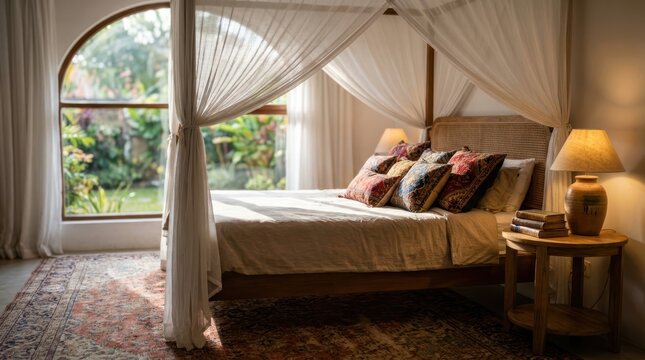Sunlit rustic bedroom featuring a canopy bed with colorful pillows and lush garden view creative design image