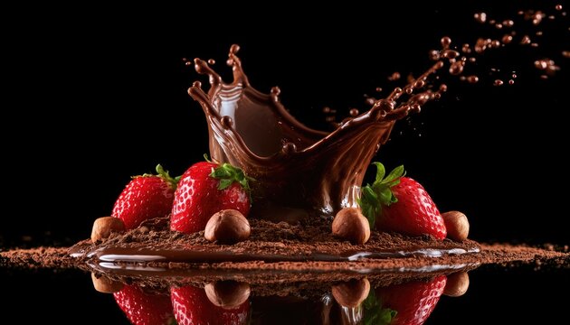 Rich chocolate splash, strawberries, and hazelnuts in a dynamic cascade