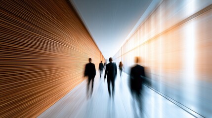 Fototapeta premium Silhouetted figures in suits walk down a bright, modern, abstract corridor