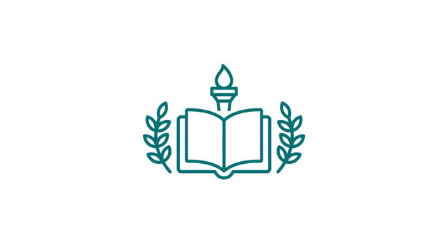 Open Book with Torch and Laurel Wreath Line Icon - Symbol of Knowledge and Success