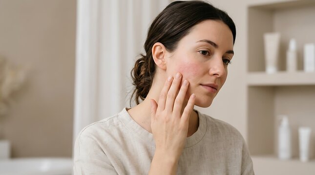Young woman gently touching her sensitive, red cheek, inspecting skin condition in a minimalist bathroom, focusing on self-care and skincare routine