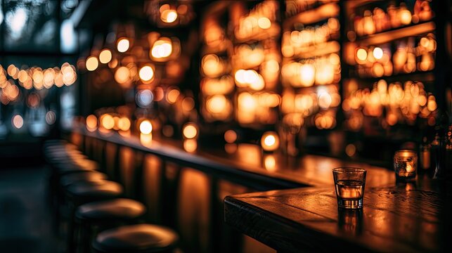 Dimly lit bar with glowing amber lights and a single glass on counter