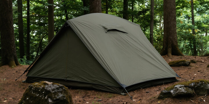 Olive green tent pitched in dense forest. Camouflage shelter set up on pine needle ground amidst mossy rocks and tall trees. Remote wilderness camping setup.
