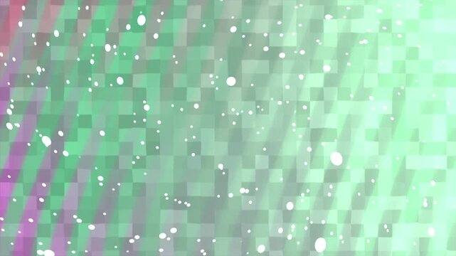 Abstract digital background with pixelated green and purple gradient and floating white particles.