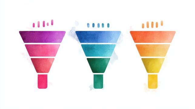 Step-by-step progress flat design side view marketing funnel theme water color Triadic Color Scheme.