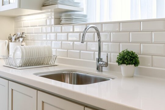 Clean kitchen sink with white subway tile backsplash and dish rack