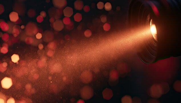Close up of bright light beam from projector illuminating particles