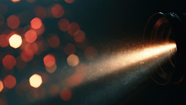 Projector beam illuminates dust motes against bokeh lights