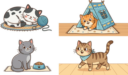 Cute cat cartoon vector set with happy kitten characters sleeping on rug playing in teepee tent walking and waiting by food bowl illustration © MdSaddam