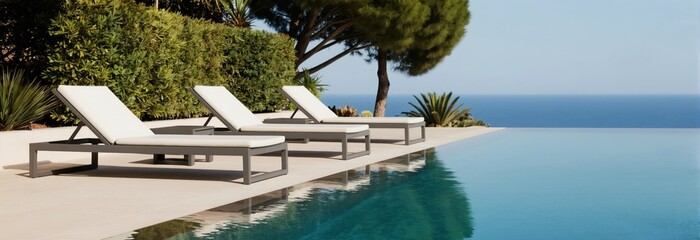 Obraz premium Minimalist sun loungers beside infinity pool. Modern outdoor furniture on terrace by blue ocean. Landscape design for calm leisure and relaxation.