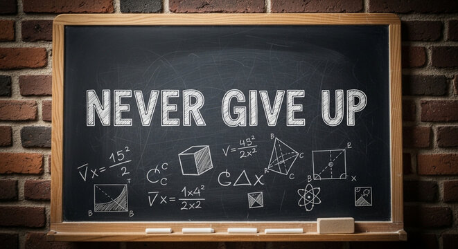 Motivational chalkboard with mathematical equations and never give up message on brick wall