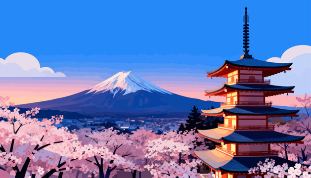 Serene pagoda stands amid blooming cherry blossoms. Mount Fuji glows beneath twilight sky. Soft clouds drift behind distant snow peak. Peaceful scene invites calm reflection