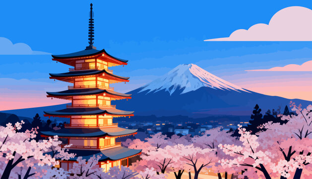Golden pagoda glows softly against Mount Fuji's snowy peak. Pink cherry blossoms frame the scene in gentle bloom. Soft twilight paints the sky with warm, calming hues. Silent beauty evokes peace