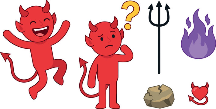 Cute Red Devil Cartoon Vector Character Set Featuring Happy Jumping Demon, Confused Imp with Question Mark, Purple Flame, Trident, and Horned Heart