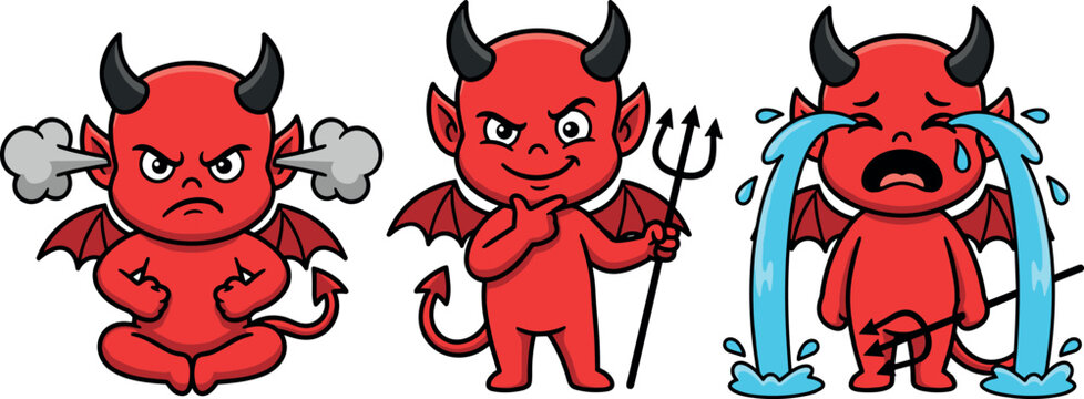 Cute Red Devil Cartoon Character Set Showing Different Emotions Including Angry Blowing Smoke, Cunning Thinking, and Crying Tears Vector Illustration