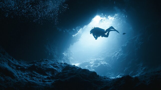 A full shot of a diver in an underwater cave, presented as a strong silhouette against a vibrant light source.