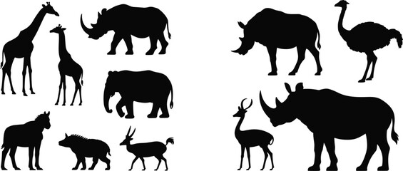 African safari wildlife black silhouette collection set featuring giraffes rhinoceros elephant zebra hyena ostrich and antelopes © SreeMoti