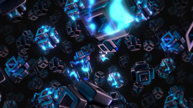 A background of spinning 3D dark chrome style electric style shapes on an endless loop.
