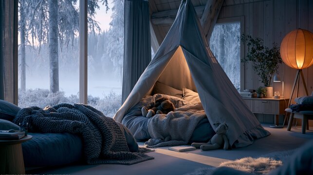 Children's teepee with warm light in a winter forest cabin