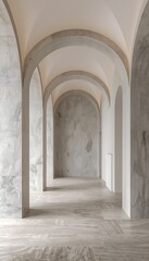 Fototapeta premium Minimal global business vibe marble hallway with arched ceiling and stone columns in luxury modern interior architectural design prestigious business environment elegant stone colonnade