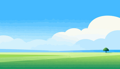 Fototapeta premium Soft clouds float above vast green fields. One solitary tree stands in quiet grace. Blue sky stretches endlessly, calm and wide. Nature's peace invites stillness and reflection