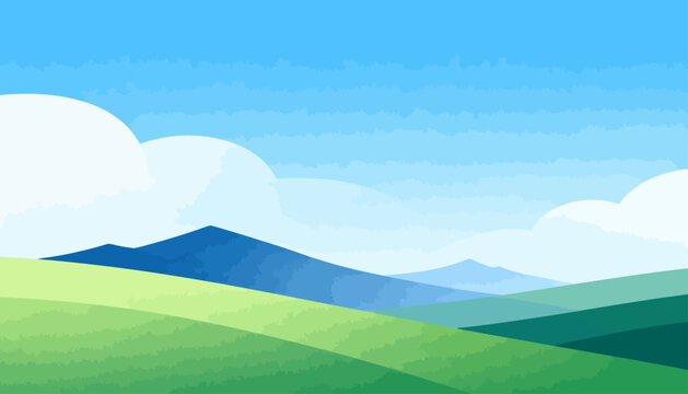 Soft blue sky holds gentle white clouds. Green hills roll with calm, layered shades. Mountains fade softly into distance. Peaceful, serene, and tranquil scene. Perfect for nature, wellness
