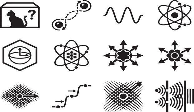 Collection of science and physics including cat in a box atom wave and arrows symbol atomic