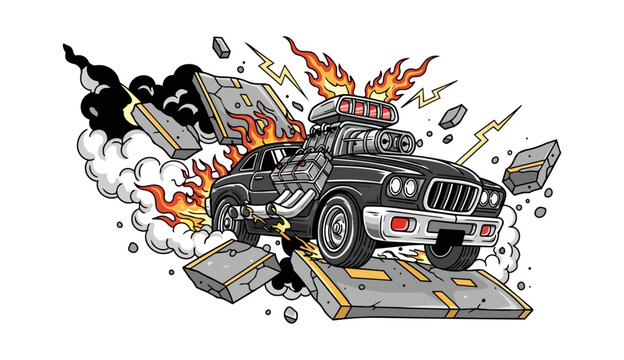 Cartoon illustration of a muscle car with flames and lightning on black background