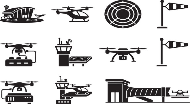Drone airport terminal control tower helicopter windsock radar and landing pad