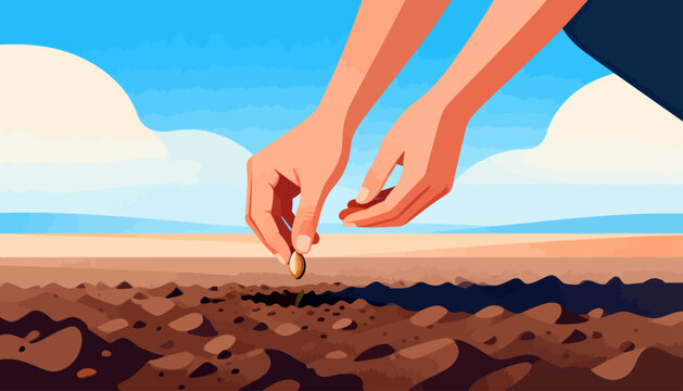 Hands gently place a seed into cracked earth. Sky glows blue with soft, fluffy clouds above. Brown soil reveals dry, textured surface beneath. This moment suggests hope, growth, and patient beginnings