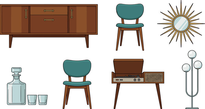 Mid Century Modern Retro Living Room Furniture Vector Set Featuring Wooden Sideboard Teal Chairs Starburst Mirror Vintage Record Player and Floor Lamp