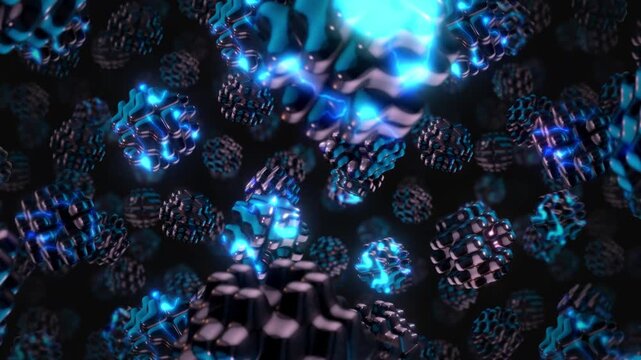 A background of spinning 3D dark chrome style electric style shapes on an endless loop.
