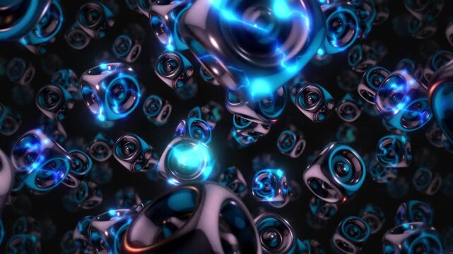 A background of spinning 3D dark chrome style electric style shapes on an endless loop.
