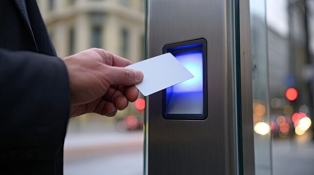 Person's hand inserts blank card into illuminated access reader