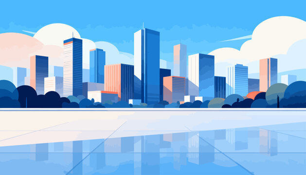 Modern city skyline gleams under soft blue sky. Clouds float gently above tall glass buildings. Reflections shimmer on polished city pavement. Urban scene suggests calm, clean
