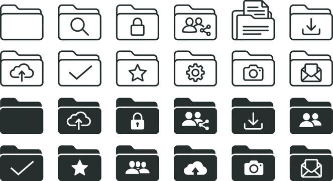 Comprehensive set of folder in both outline and solid styles featuring various symbols for file organization, cloud storage, and user interface