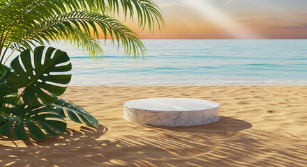 Obraz premium Marble display podium on a sandy beach with palm leaves, showcasing a serene coastal scene, perfect for product promotion or relaxation themes