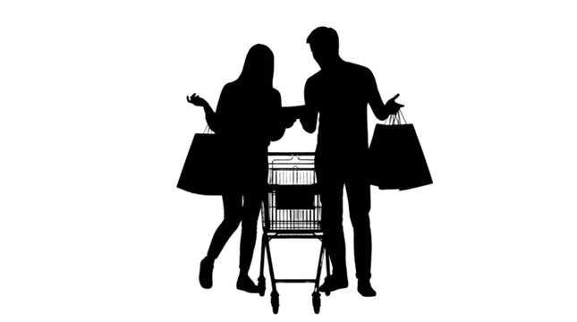 Couple arguing with shopping cart and bags