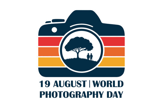 World photography day typography vector illustration on August 19 with retro camera and tree badge design