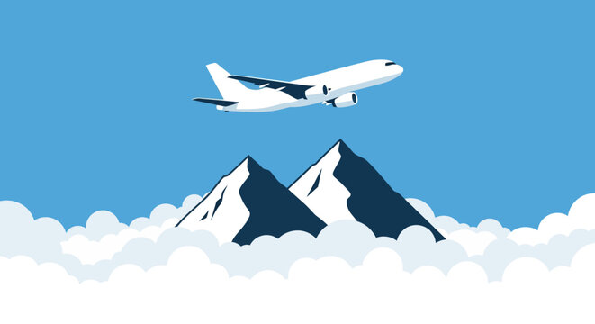 White airplane flying over mountains and clouds vector illustration