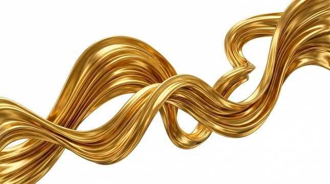 Golden liquid waves flow smoothly in a wavy pattern on a white background creating a sense of movement and fluidity in a shiny metallic design element.