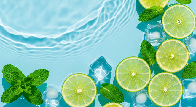 Slices of lime and mint leaves float in blue water with ice cubes, creating a refreshing and cool visual, representing summer drinks and hydration