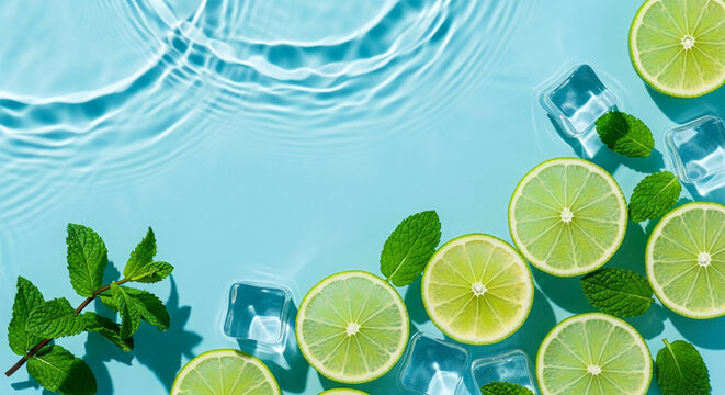 Slices of green lime and fresh mint leaves float in clear water with ice cubes and water ripples, symbolizing refreshing beverages and summer.