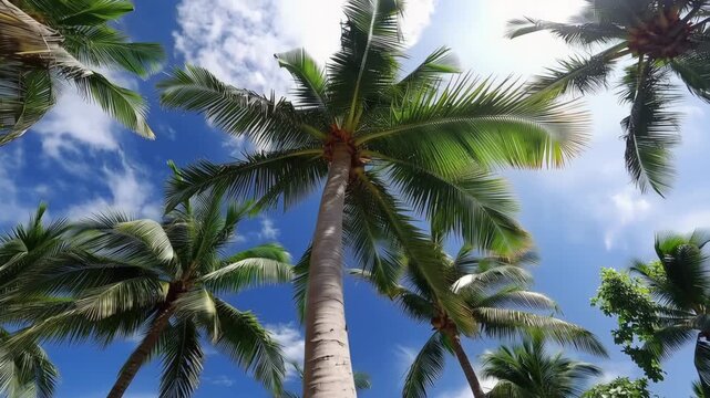 Upward View of Palm Trees Reaching Toward Blue Sky With White Clouds, Tropical Nature Scene Captured From Below, Relaxing Outdoor Atmosphere and Cinematic Motion for Video Background