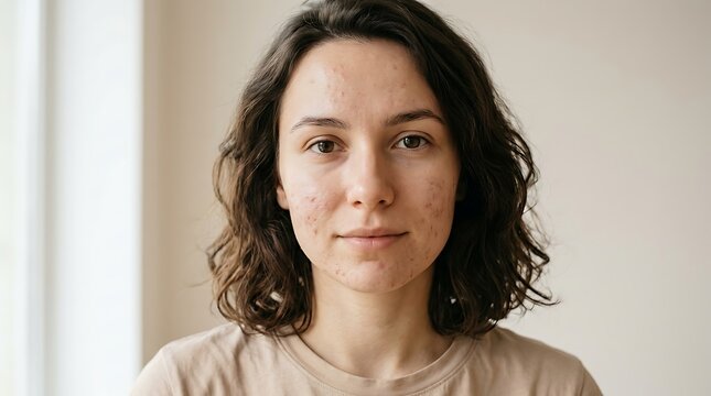 Authentic portrait of a young woman with natural skin imperfections looking directly at the camera, showcasing real beauty and individuality