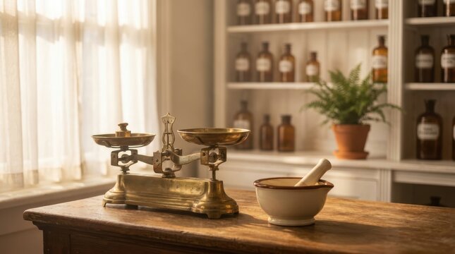 Vintage brass scales and ceramic mortar sit on a rustic wooden table in a sunlit old pharmacy creative design image