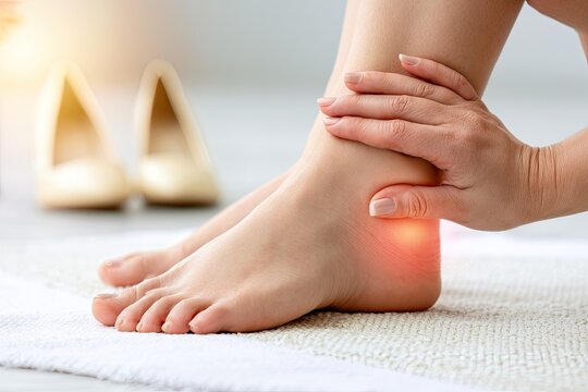 Woman's foot experiencing heel pain, highlighting discomfort and potential injury