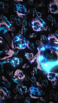 A background of spinning 3D dark chrome style electric style shapes on an endless loop.
