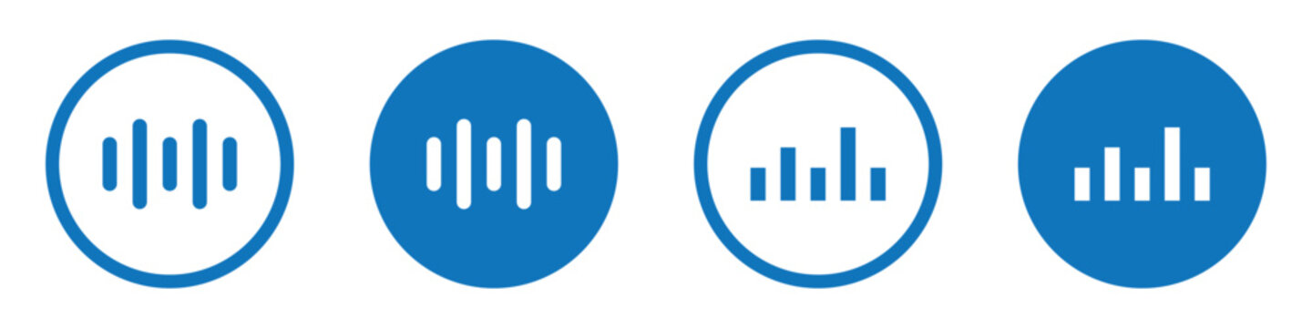 Four blue circular audio level indicators showing varying sound wave intensities